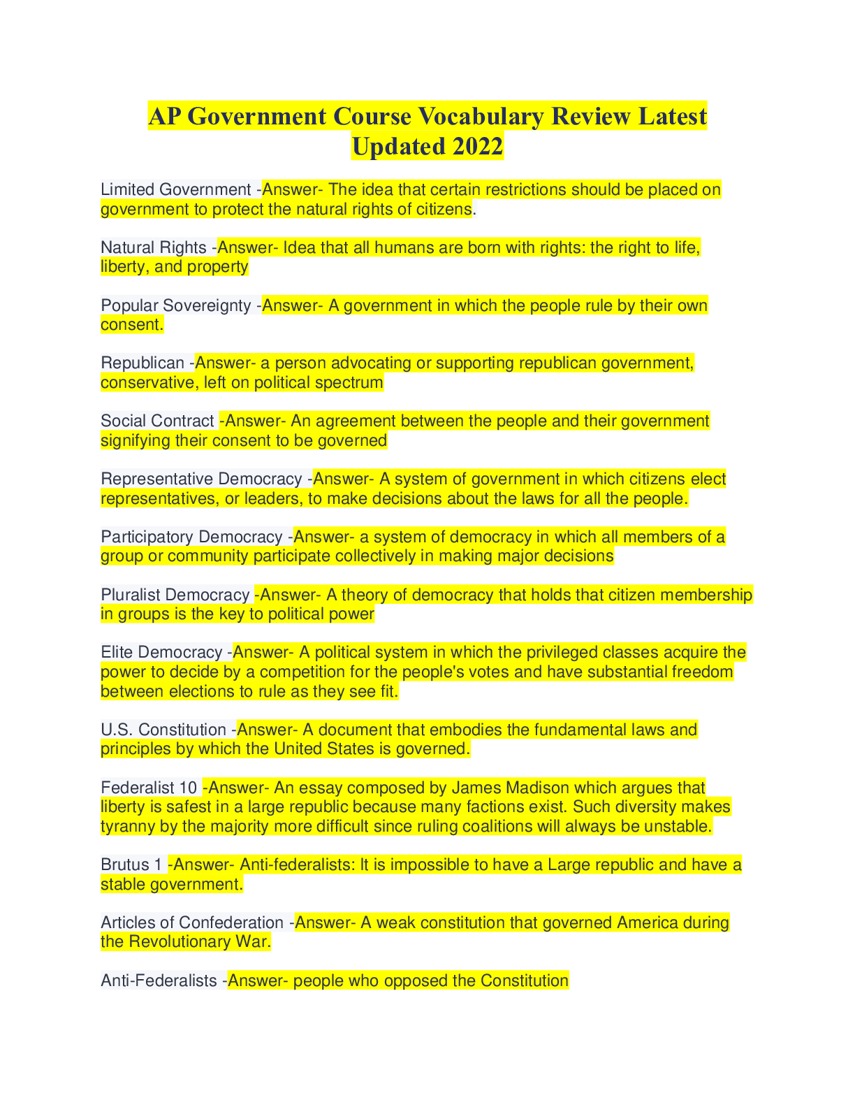 Preview image for AP Government Course Vocabulary Review Latest Updated 2022